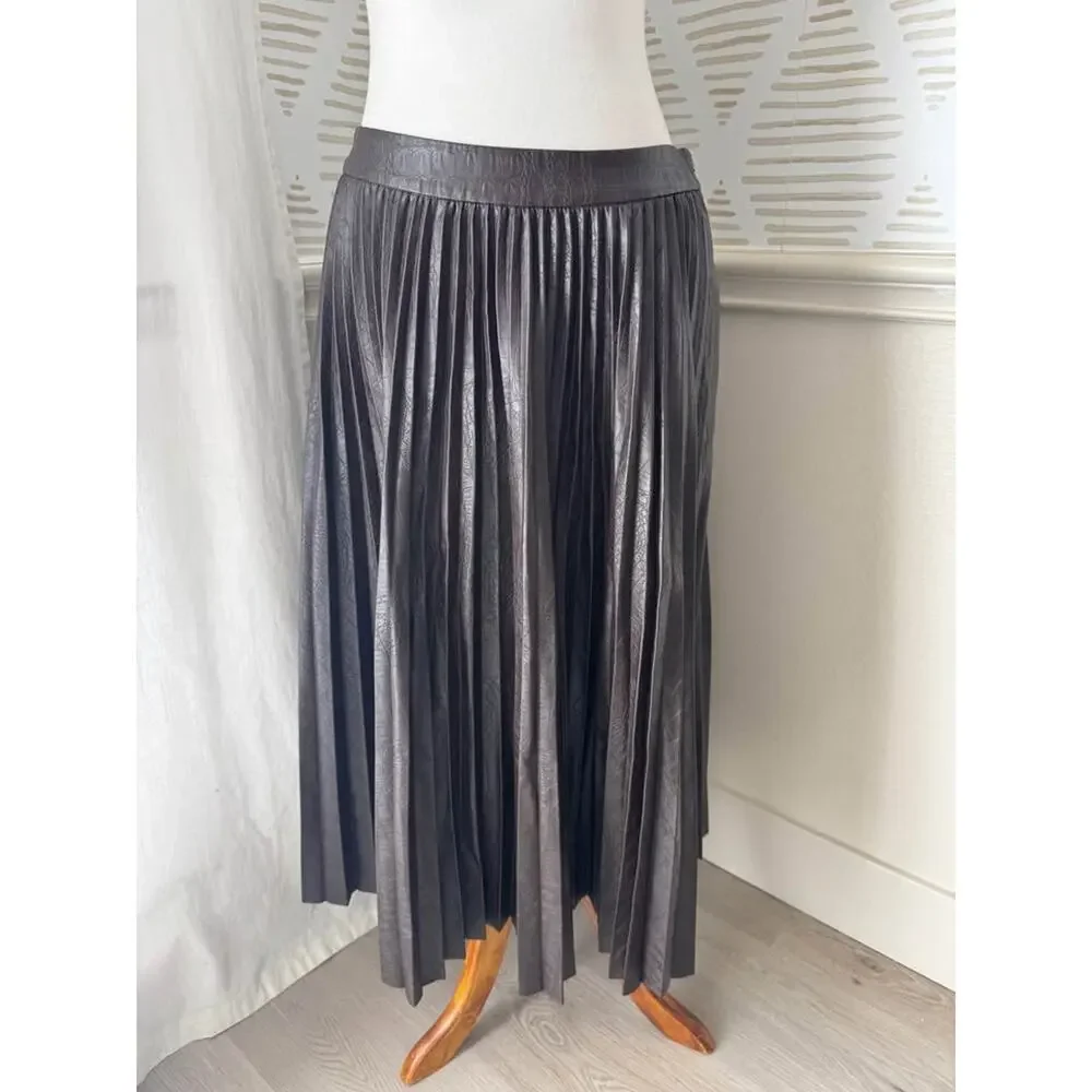 Halogen x Atlantic-Pacific Chocolate Brown Pleated Croc Faux Leather Midi Skirt